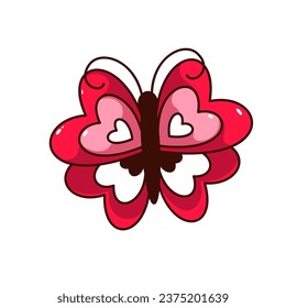 Groovy butterfly character vector illustration. Cartoon isolated retro funky love sticker with cute insect, butterfly with red and white hearts on wings for romantic message on Valentines Day