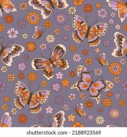 Groovy butterfly   daisy flovers seamless pattern  Vector repeat 70s background and fall colors in retro hippie aesthetic 
