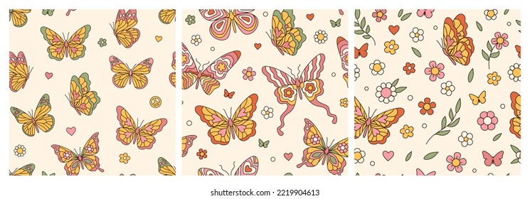 Groovy butterfly, daisy, flower. Hippie 60s 70s seamless patterns. Floral romantic backgrounds in trendy cute retro style. Yellow, pink colors. Fashion design, textile, fabric collection.