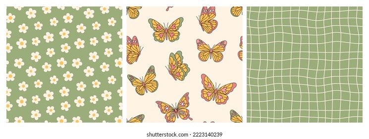 Groovy butterfly, daisy, flower. Hippie 60s 70s seamless patterns. Waves, checkerboard, mesh backgrounds in retro style. Y2k aesthetic. Fashion design, textile, fabric collection.