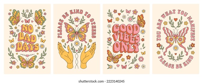 Groovy butterfly, daisy, flower. Hippie 60s 70s posters. Floral romantic backgrounds in trendy cute retro style. Yellow, pink colors. Greeting card, sticker, cover, t-shirt print, party invitation.