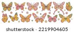 Groovy butterfly, daisy, flower stickers. Hippie 60s 70s elements. Floral romantic sign and symbols in trendy cute retro style. Yellow, pink colors.