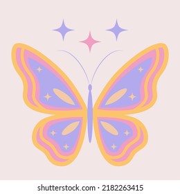 Groovy butterfly print for graphic tee. Retro 70s 60s hippie vector illustration on a beige background