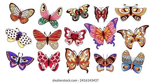 Groovy butterfly set with different bright pattern on wings. Funny retro magic insects flying to flower, cute exotic summer and spring mascots and stickers of 70s 80s vector illustration