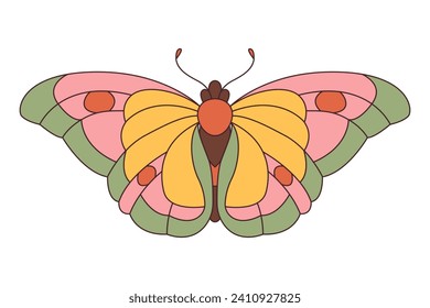 Groovy butterfly sticker. Hippie 60s 70s style. Floral romantic sign trendy retro style. Yellow, pink green colors.