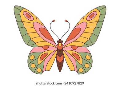 Groovy butterfly sticker. Hippie 60s 70s style. Floral romantic sign trendy retro style. Yellow, pink green colors.