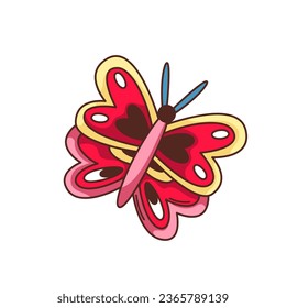 Groovy butterfly sticker vector illustration. Cartoon isolated retro psychedelic butterfly character with curvy lines, cute yellow and red pattern on wings, funky hippie symbol of summer and love