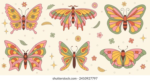 Groovy butterfly stickers set. Hippie 60s 70s style. Floral romantic sign trendy retro style. Yellow, pink green colors.