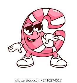 Groovy C alphabet letter cartoon character with funny face. Retro ABC mascot with pink and white stripe, cartoon C letter with arms and legs standing, hippy font sticker of 70s 80s vector illustration