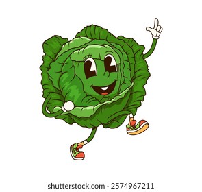 Groovy cabbage vegetable character with a big, friendly smile and wide eyes, wearing sneakers, and waving happily. Isolated cartoon vector ripe farm veggie personage exudes a cheerful, energetic vibe