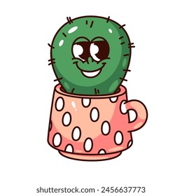 Groovy cactus cartoon character in cup with cute pattern. Funny retro cacti plant with happy friendly smile, home garden mascot, cartoon potted cactus sticker of 70s 80s style vector illustration