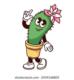 Groovy cactus cartoon character with flower in pot. Funny retro cacti walking with smile, office succulent plant mascot, cartoon prickly tropical cactus sticker of 70s 80s style vector illustration