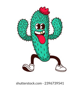 Groovy cactus character vector illustration. Cartoon isolated retro comic sticker of desert succulent plant with red flower and thorns, psychedelic face of cute cheerful cactus mascot with tongue