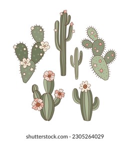 Groovy cactus with florals vector illustration set. Wild West aesthetic cacti clipart design.