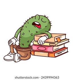 Groovy cactus in pot cartoon character sleeping on books. Funny retro tired succulent plant from study, learning difficulty mascot, cartoon potted cactus sticker of 70s 80s style vector illustration