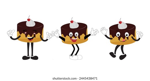 Groovy cake sliced cartoon mascot character with smile. Funny retro birthday cake slice in sneakers, confectionery mascot, Graphic element for website