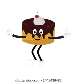 Groovy cake sliced cartoon mascot character with smile. Funny retro birthday cake slice in sneakers, confectionery mascot, Graphic element for website