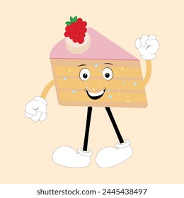 Groovy cake sliced cartoon mascot character with smile. Funny retro birthday cake slice in sneakers, confectionery mascot, Graphic element for website