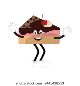 Groovy cake sliced cartoon mascot character with smile. Funny retro birthday cake slice in sneakers, confectionery mascot, Graphic element for website