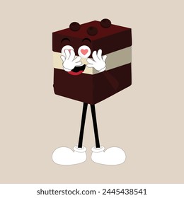 Groovy cake sliced cartoon mascot character with smile. Funny retro birthday cake slice in sneakers, confectionery mascot, Graphic element for website