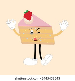 Groovy cake sliced cartoon mascot character with smile. Funny retro birthday cake slice in sneakers, confectionery mascot, Graphic element for website
