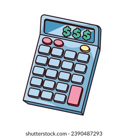 Groovy calculator to calculate money vector illustration. Cartoon isolated retro financial accounting sticker, accountants device with keyboard and dollar symbols, funky funny calculator mascot