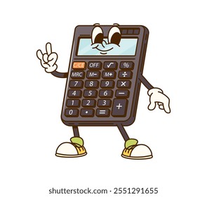 Groovy calculator school education and stationery character. Isolated cartoon vector fun office supplies personage with smiling happily, ready for math lesson and calculation tasks with retro vibes