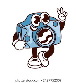 Groovy camera cartoon character with peace sign. Funny retro camera with psychedelic wavy reflection in lens and hippie gesture, photography mascot, cartoon sticker of 70s 80s vector illustration