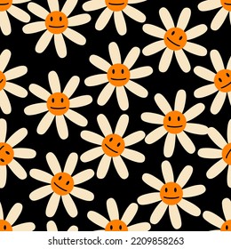 Groovy camomile flowers with smiling faces seamless pattern. Psychedelic print for tee, paper, fabric, textile. Retro vector illustration for decor and design.





