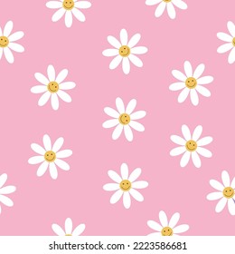 Días sonrientes en un fondo rosado. Patrón floral sin fisuras. Estilo 70, 80, 90.