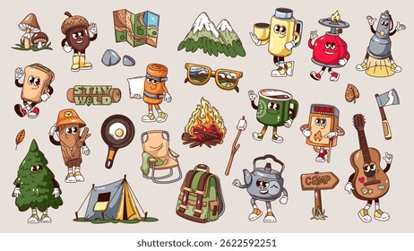 Groovy camping cartoon characters and stickers set. Funny retro forest camp elements and happy personages. Camping, outdoor adventure mascots, cartoon collection of 70s 80s style vector illustration