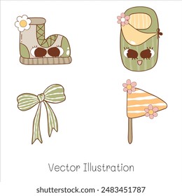 Groovy Camping. Shoes camping. Sleeping Bag for camping. Cute green bow ribbon and flag with flowers. Vector Illustration