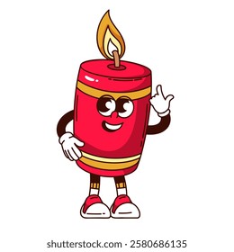 Groovy candle cartoon character pointing at flame on candlestick. Funny retro burning red wax candle with golden stripes Chinese New Year mascot, cartoon sticker of 70s 80s style vector illustration