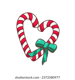 Groovy candy cane vector illustration. Cartoon isolated retro decoration with sweet candy peppermint sticks and green ribbon, traditional Christmas gift of heart shape for happy Xmas celebration