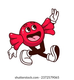 Groovy candy character vector illustration. Cartoon isolated psychedelic retro sticker of round funky candy with red wrapper, open mouth and smile on trippy face, mascot with arms and legs dancing