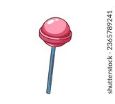 Groovy candy lollipop on stick vector illustration. Cartoon isolated retro round pink lollypop sticker, cute strawberry sweet lolipop to lick in summer, psychedelic sugar candy for happy kids