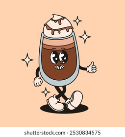 Groovy cappuccino character. Vector flat illustration.