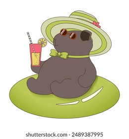 Groovy capybara on the rubber ring isolated white. Summer beach theme. Simple flat vector illustration can used t-shirt print, postcard cover template, zoo poster design. Editable stroke. EPS 10