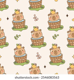 Groovy Capybara Seamless Pattern Vector Illustration