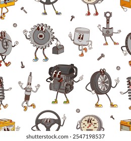 Groovy car spare parts and tools characters seamless pattern, vector background. Retro cartoon comic groovy car spare parts pattern of funny engine with cheerful face and tire wheel with freaky smile