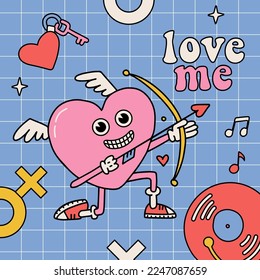 Groovy card template with Retro cartoon crazy heart character. Valentines Day poster. Psychedelic Heart cupid with bow and arrow. Mascot for poster, card, print. Trendy retro 60s 70s style vector.