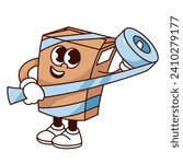 Groovy cardboard box cartoon character wrapped with adhesive tape. Funny retro delivery mascot, cartoon crate box with sticky sellotape packing gift parcel, sticker of 70s 80s vector illustration