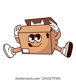 Groovy cardboard box cartoon character with cat inside. Funny retro delivery mascot sitting, playful kitten hiding in cartoon open paper box with happy face, sticker of 70s 80s vector illustration