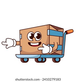 Groovy cardboard box cartoon character on warehouse cart. Funny retro delivery and storage mascot, cartoon box on platform of trolley pointing finger, sticker of 70s 80s vector illustration