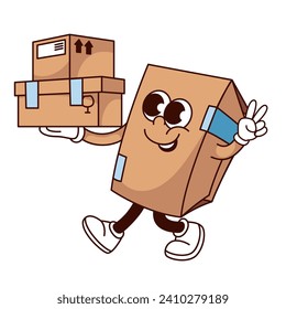 Groovy cardboard box cartoon character carrying stack of packages to deliver. Funny retro fast delivery mascot, cartoon box courier with smile and peace gesture, sticker of 70s 80s vector illustration