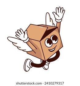 Groovy cardboard box cartoon character flying with wings. Funny retro free fast delivery mascot, happy flight of cartoon box to deliver gift, express shipping sticker of 70s 80s vector illustration