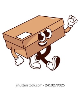 Groovy cardboard box cartoon character walking. Funny retro express delivery mascot, cartoon closed paper box with cap and happy smile in hurry to customer, sticker of 70s 80s vector illustration
