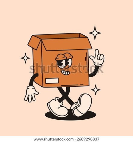 Groovy cardboard box character. Flat vector illustration.