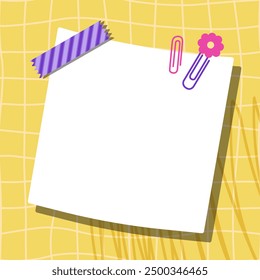 Groovy cards for notes on a yellow checkered background. Kawaii templates for paper notes.  Empty blanks for messages. Paper notes. Sticky for reminders, memo messages, and planners. Back-to-school.