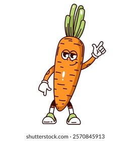 Groovy carrot cartoon character greeting. Funny retro orange vegetable with green leaf waving with happy expression. Food mascot, cartoon comic carrot sticker of 70s 80s style vector illustration